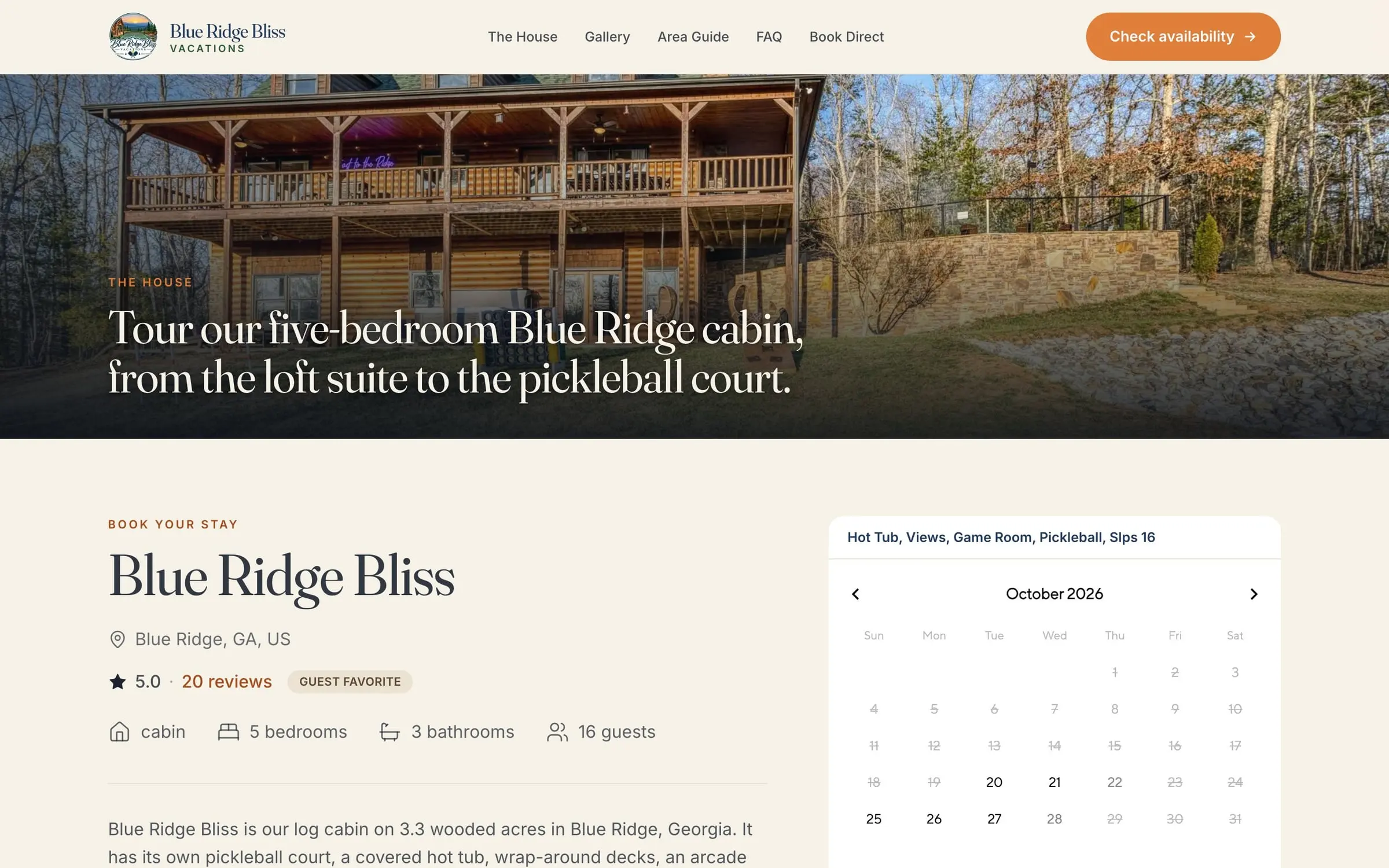 The House page of the Blue Ridge Bliss site on desktop: the cabin’s wrap-around deck, the listing summary and the live booking calendar