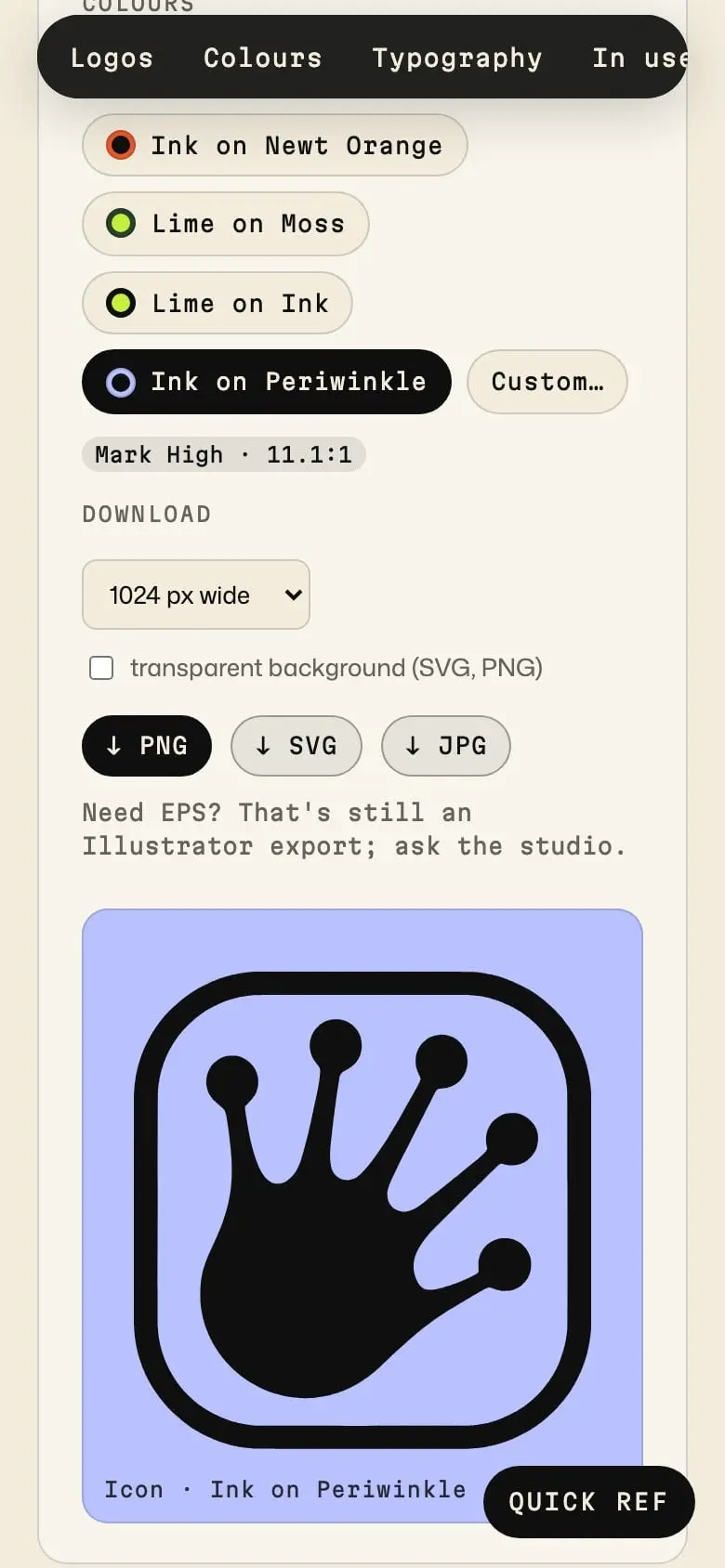 The brand hub’s pairing builder on a phone, shown with Newt’s own brand: color pairings to pick from, a contrast grade, download buttons and the Newt mark in Ink on periwinkle