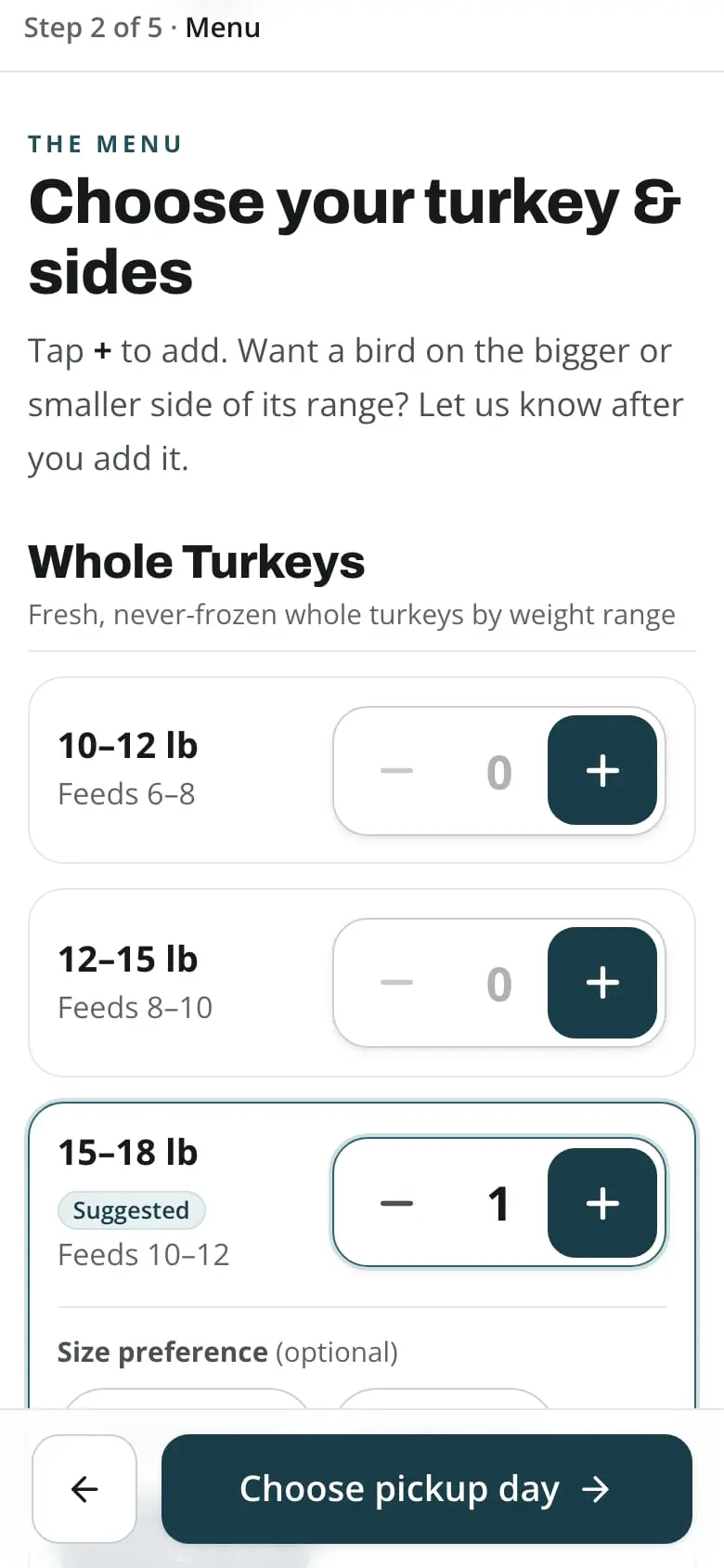 Demo data: the customer order page on a phone, step 2 of 5: “Choose your turkey & sides”, whole turkeys by weight range with plus and minus buttons, the suggested 15–18 lb bird added and a Choose pickup day button