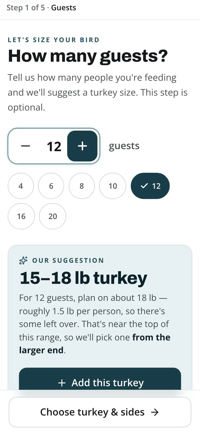 Demo data: the customer order page on a phone, step 1 of 5: “How many guests?” set to 12, with a suggested 15–18 lb turkey and an Add this turkey button