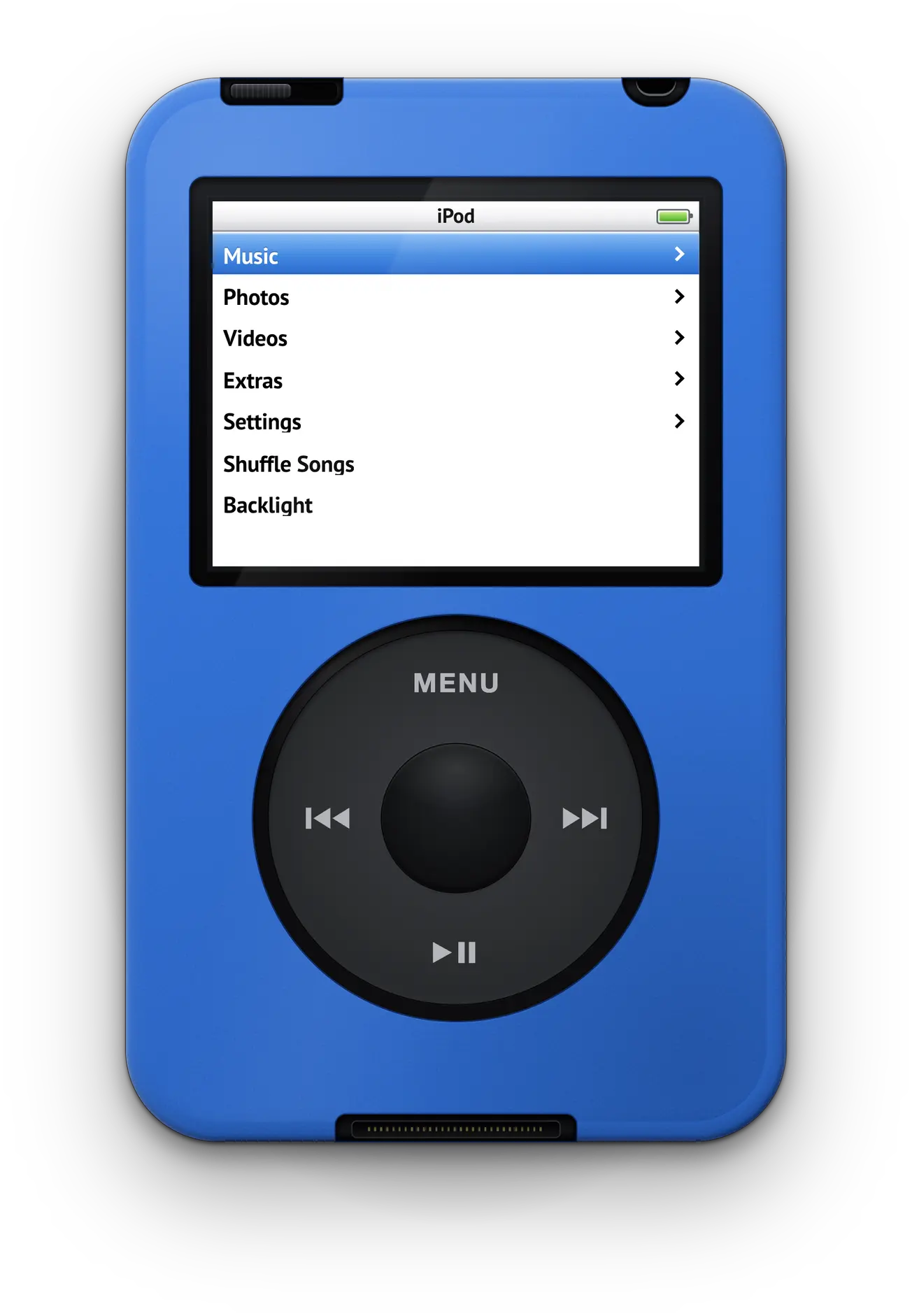 Kyle’s iPod rebuilt for the web: a black iPod Video in a blue case, on its main menu with Music highlighted above the click wheel